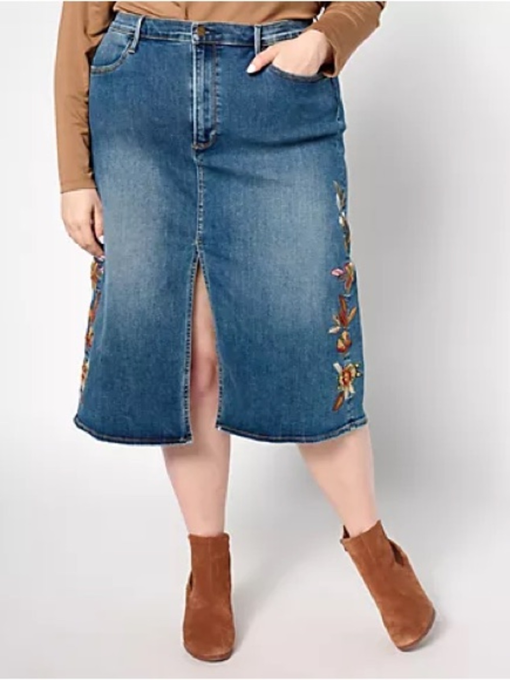 Driftwood Floral Embroidered Denim Skirt Size 12 Western Cowgirl Coastal Cottage
